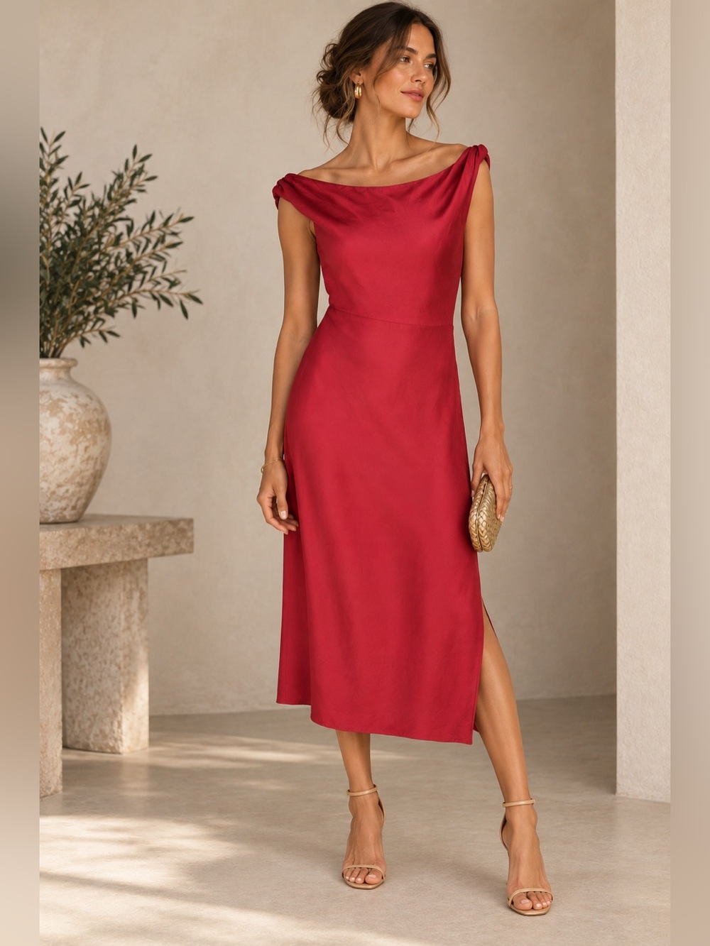 Anthropologie Red Linen Blend Off Shoulder Midi Dress Draped Neckline Slit XS